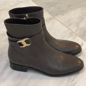 Tory Burch Chocolate Ankle Booties with Gold Accent